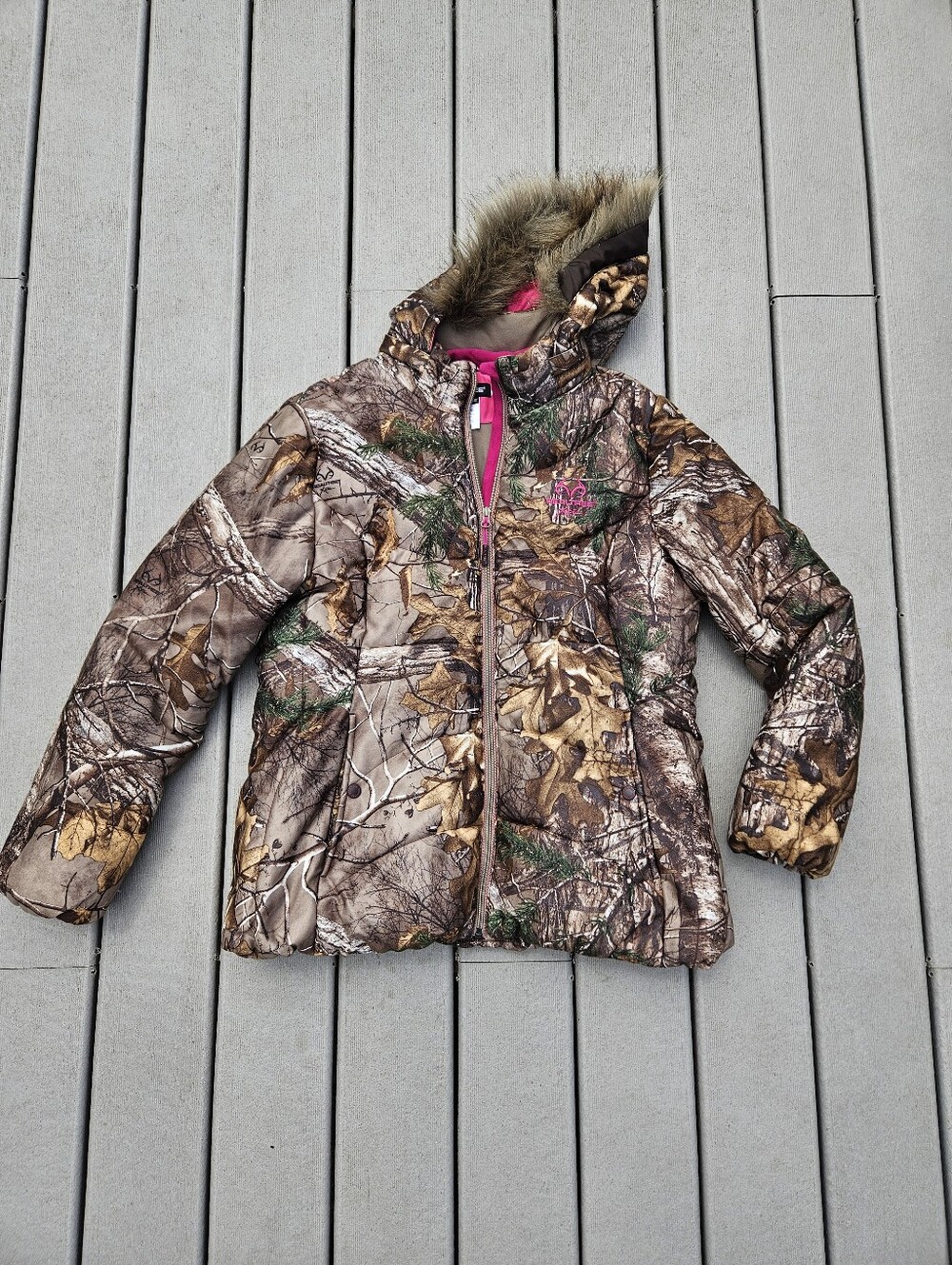 Realtree Camo Jacket Women's XL Pink Lined Hooded Faux Fur Hunting Puffer Coat